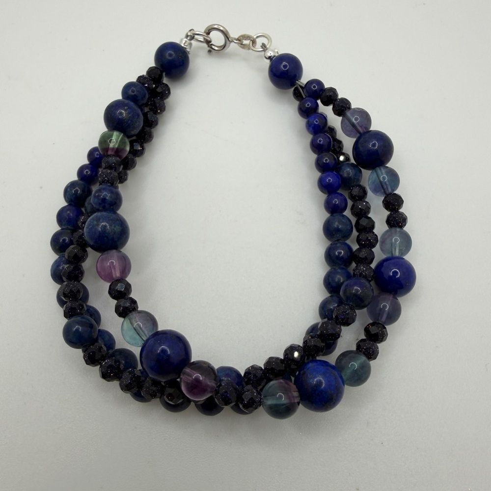 Three strands of Lapis Lazuli, Fluorite, and Sandstone beaded bracelet w/ 925!